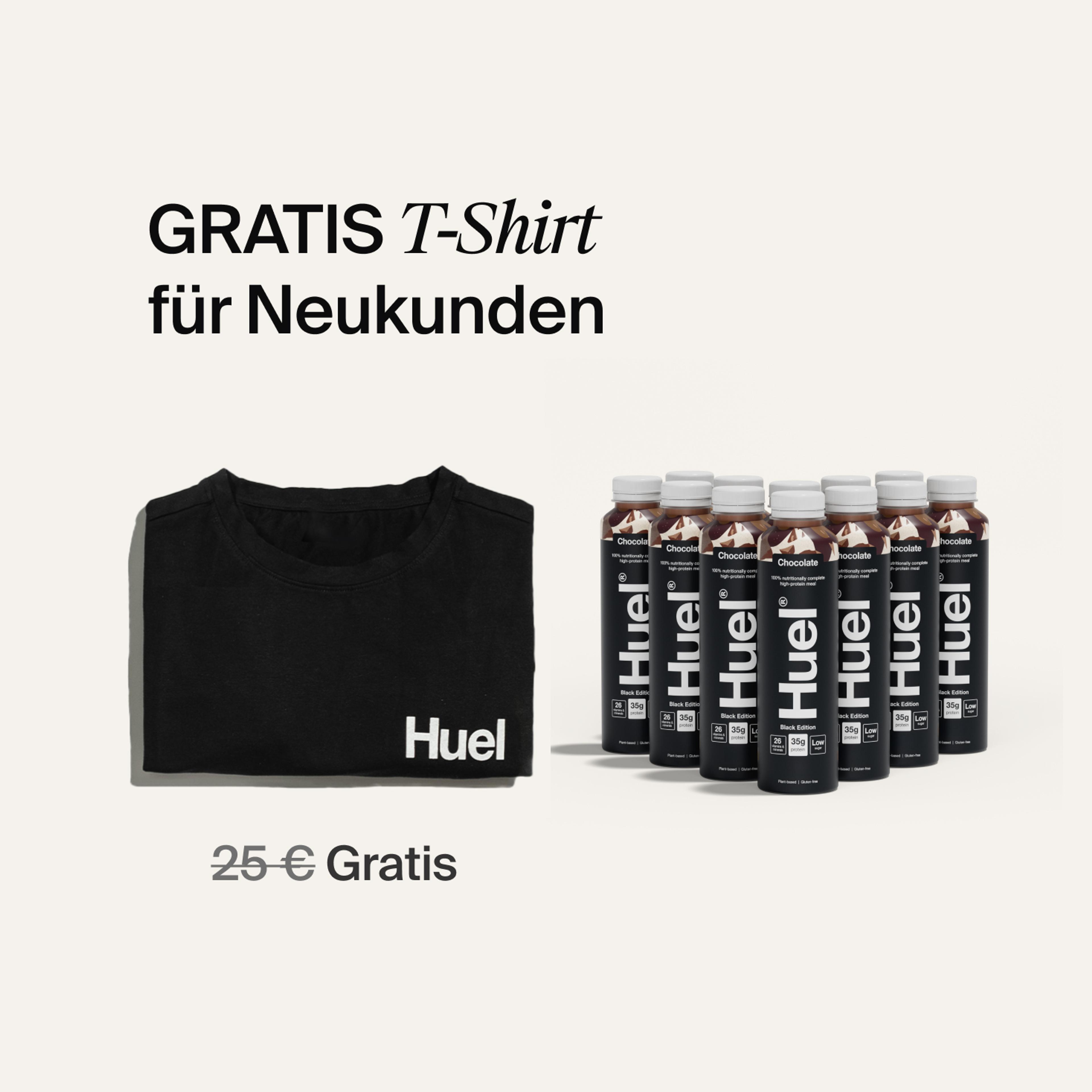 Offene braune Pappschachtel mit Huel Produkten und Accessoires, darunter ein schwarzes Huel-T-Shirt und ein Shaker