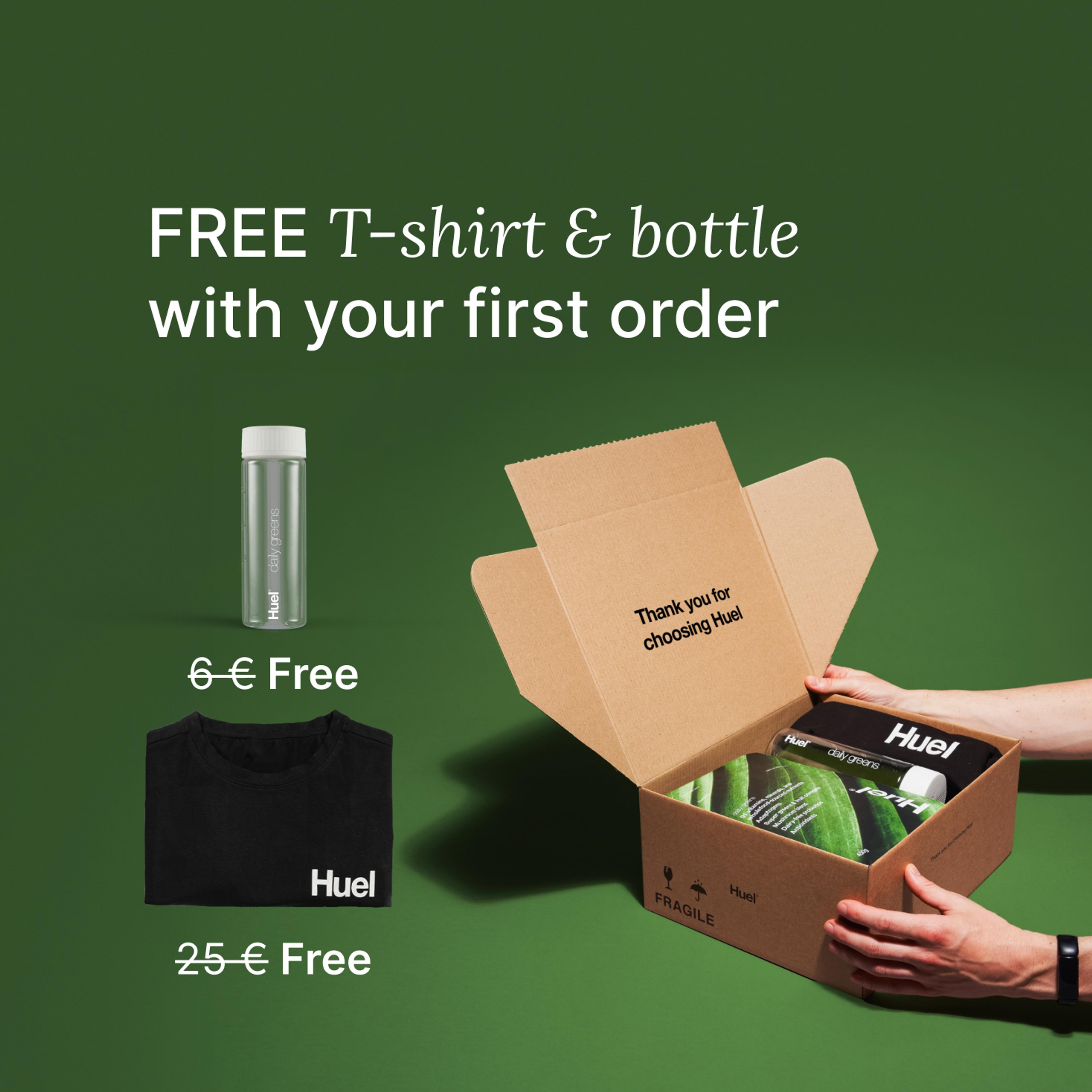Unboxing a Huel order containing Daily Greens powder, a black Huel t-shirt, and a clear bottle, set against a green background.