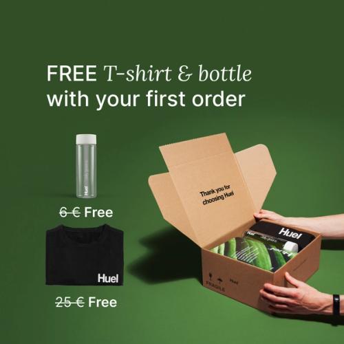Unboxing a Huel order containing Daily Greens powder, a black Huel t-shirt, and a clear bottle, set against a green background.
