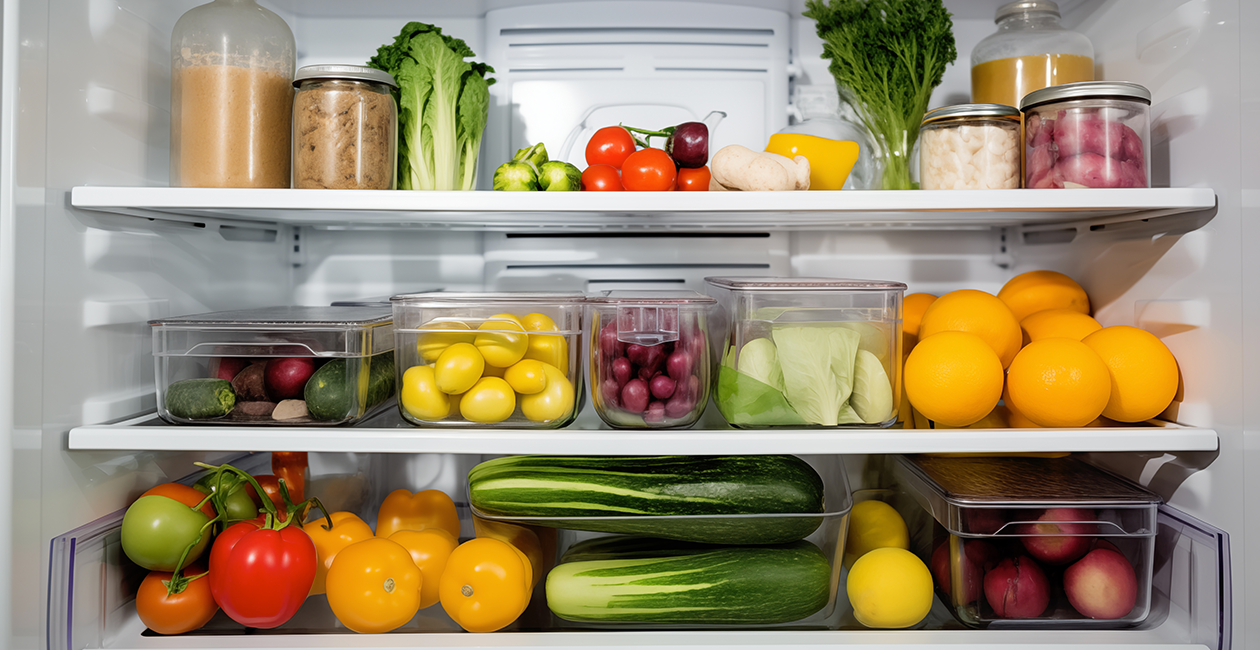The inside of a fridge that's full of fresh fruits and vegetables