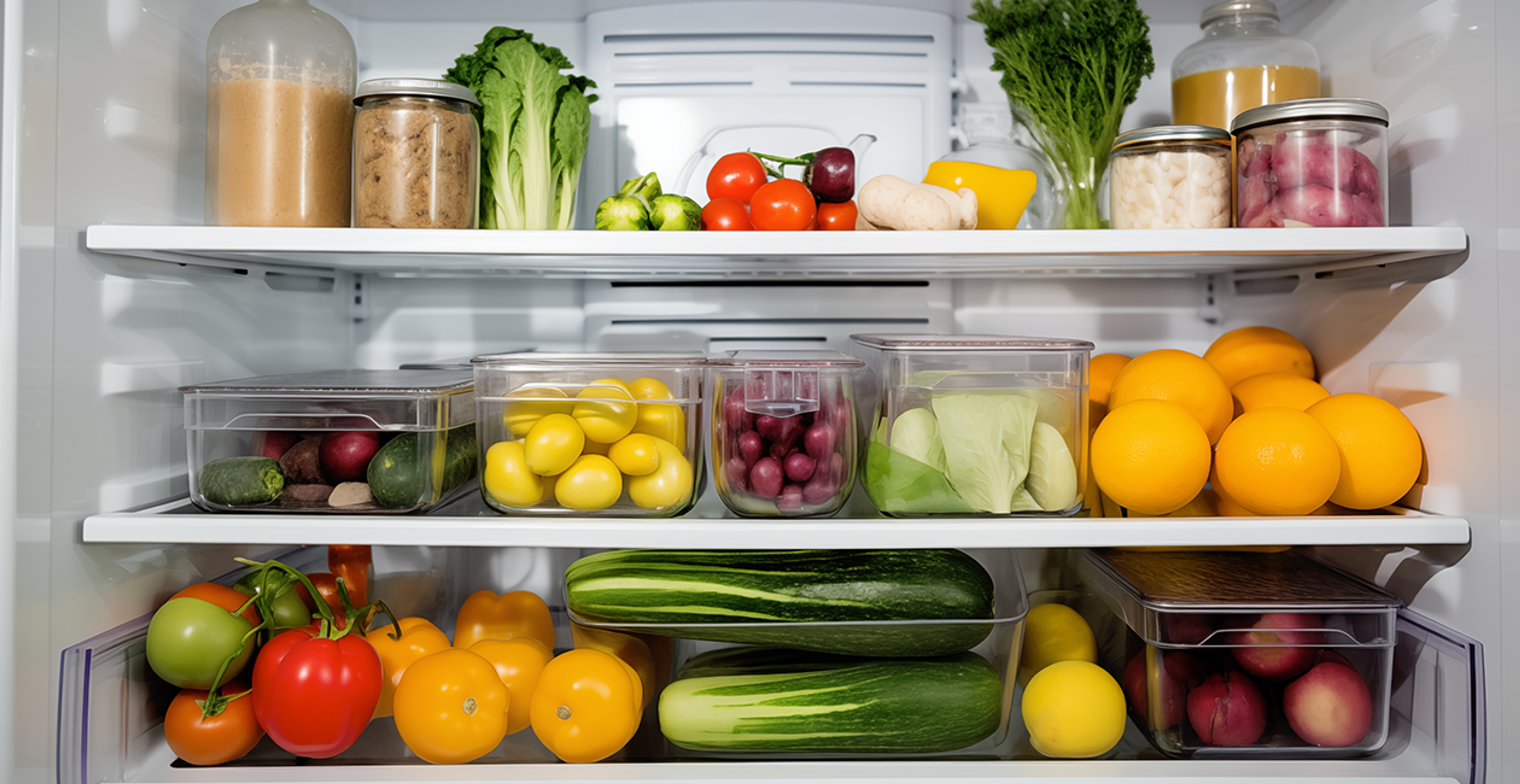 The inside of a fridge that's full of fresh fruits and vegetables