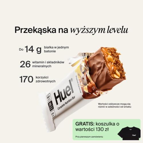 A Huel Complete Nutrition bar with a peanut and caramel filling, set against a beige-colour background