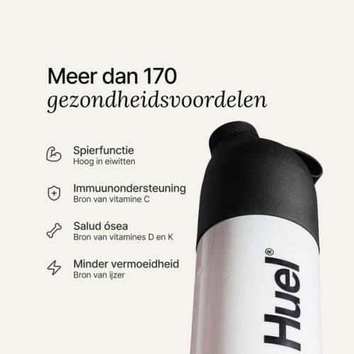 A black and white Huel shaker on a neutral colour background with health benefits in text beside it