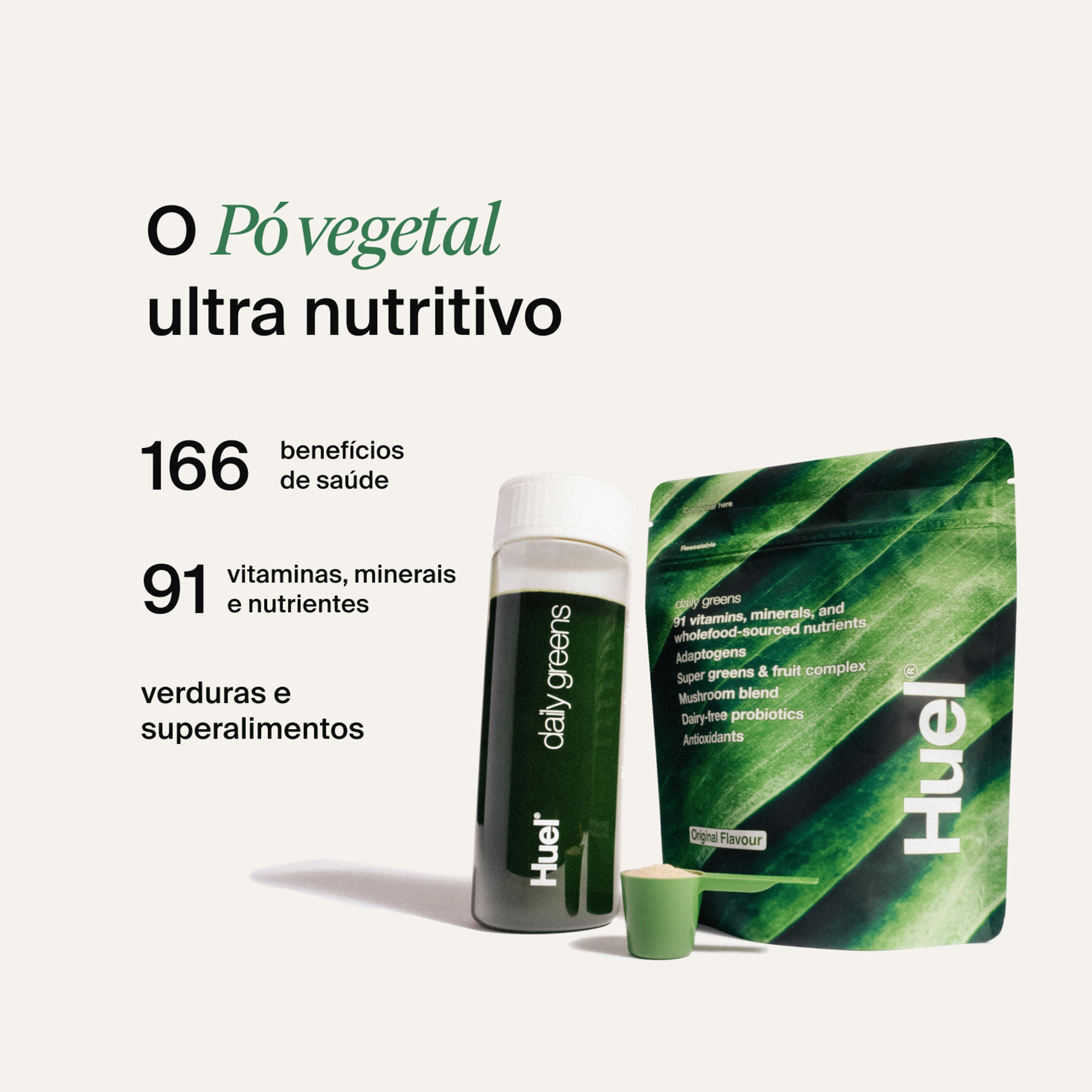 A picture of a Daily Greens bottle with nutrition callouts