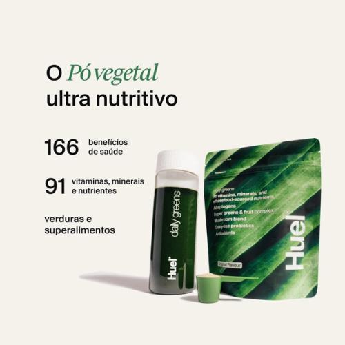 A picture of a Daily Greens bottle with nutrition callouts