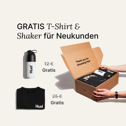 Unboxing a Huel starter kit containing a black Huel t-shirt and a Huel shaker