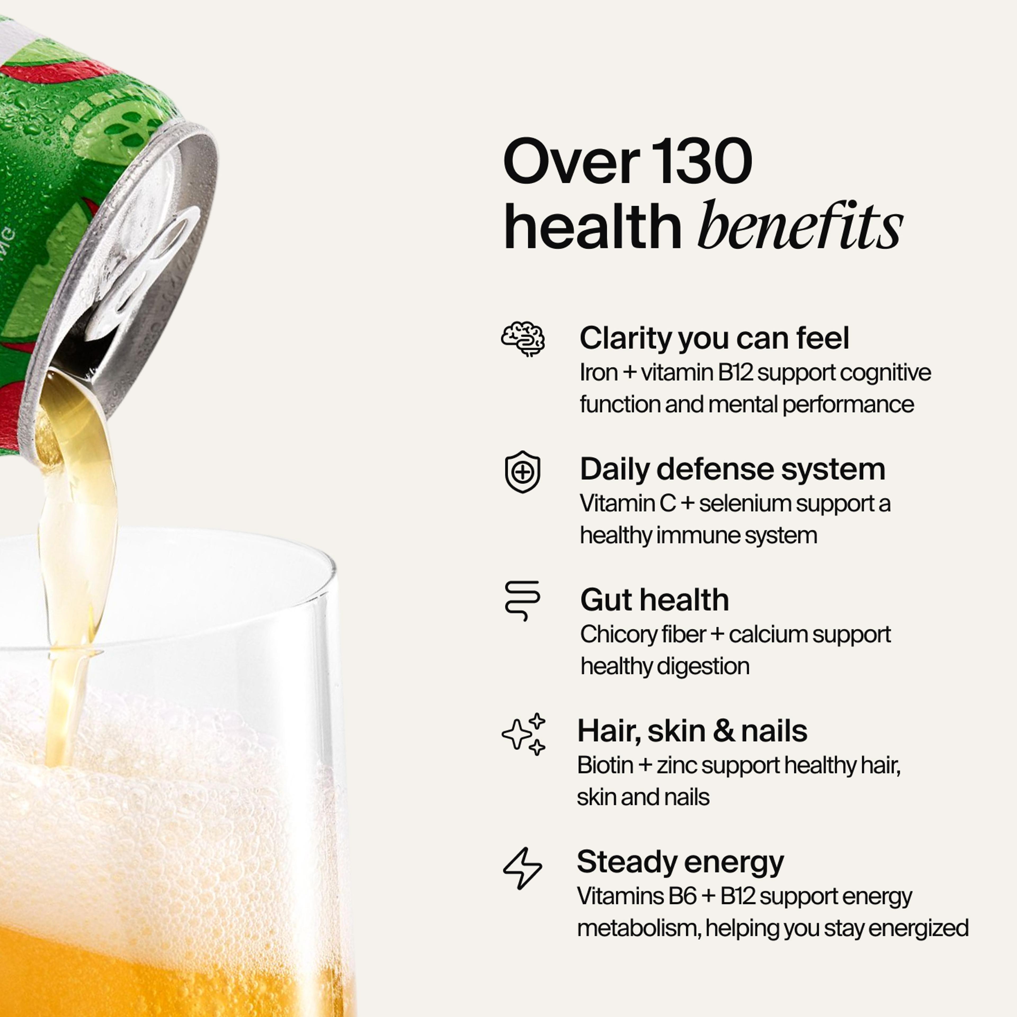 Health benefits like clarity, daily defence, gut health, hair skin and nails etc