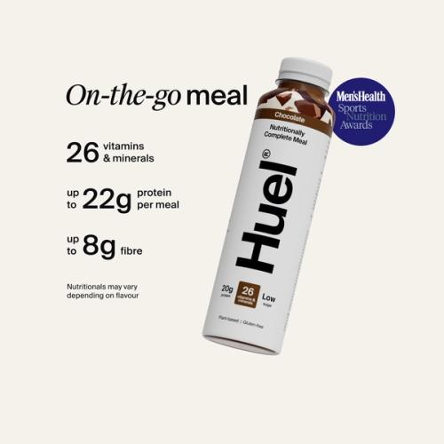 Alt: Huel Ready-to-drink bottle, alongside text highlighting 26 vitamins and minerals, up to 22g protein per meal, and up to 8g fibre.