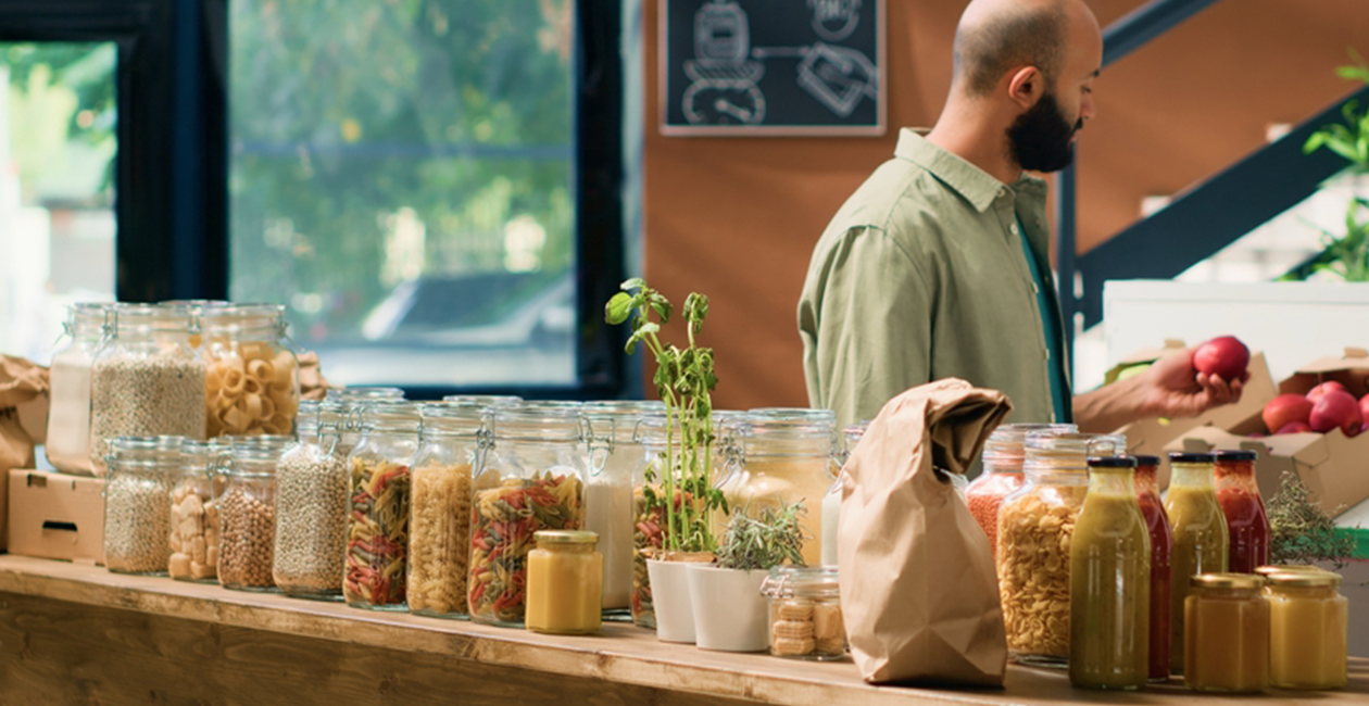 Dry ingredients in jars in a cafe