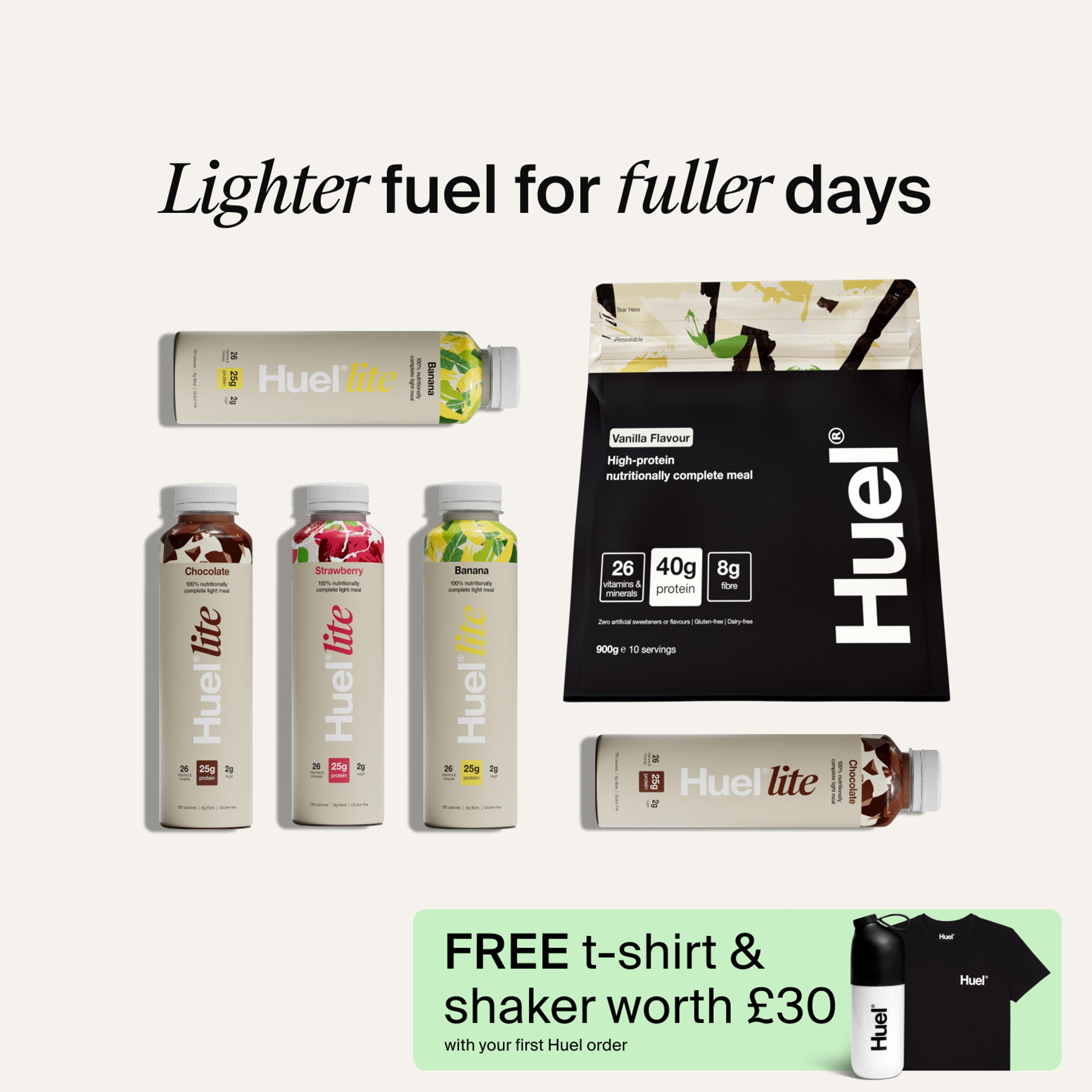 Huel Light & Lean bundle including Black Edition powder bag and Lite Ready-to-drink bottles