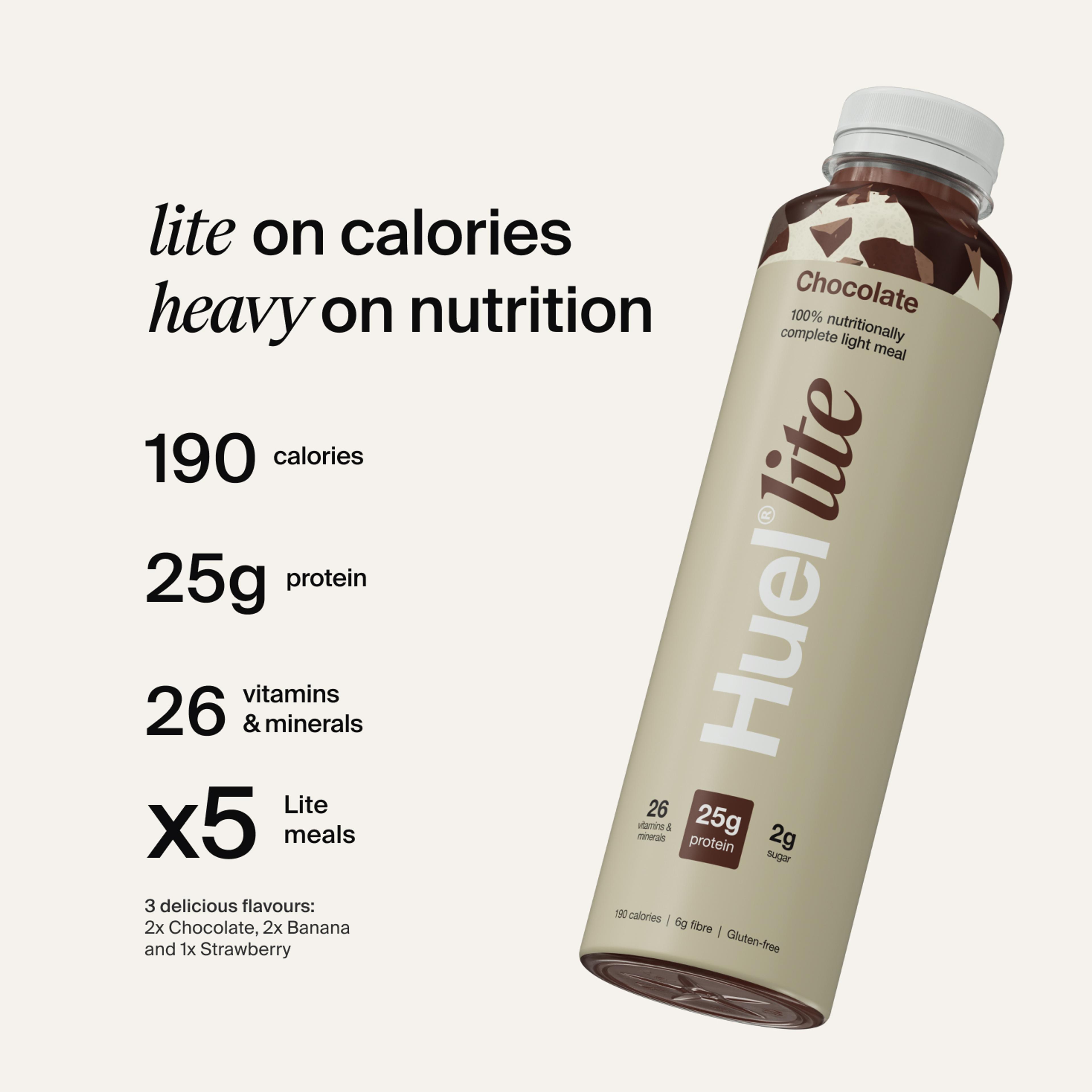 A bottle of Huel Lite Ready-to-drink next to nutritional callouts