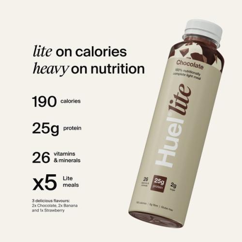 A bottle of Huel Lite Ready-to-drink next to nutritional callouts