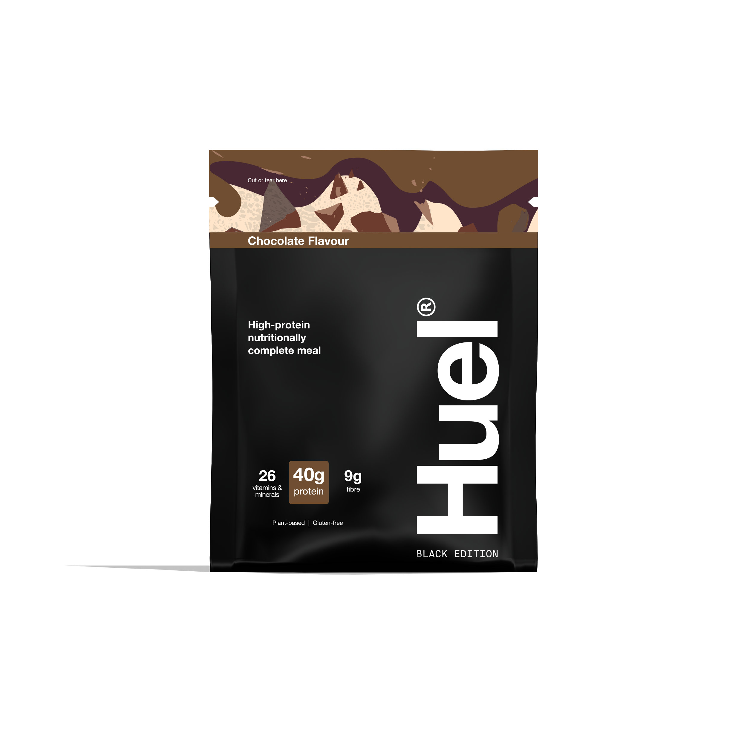 A single sachet of Huel Black edition in chocolate flavour with various nutritional callouts