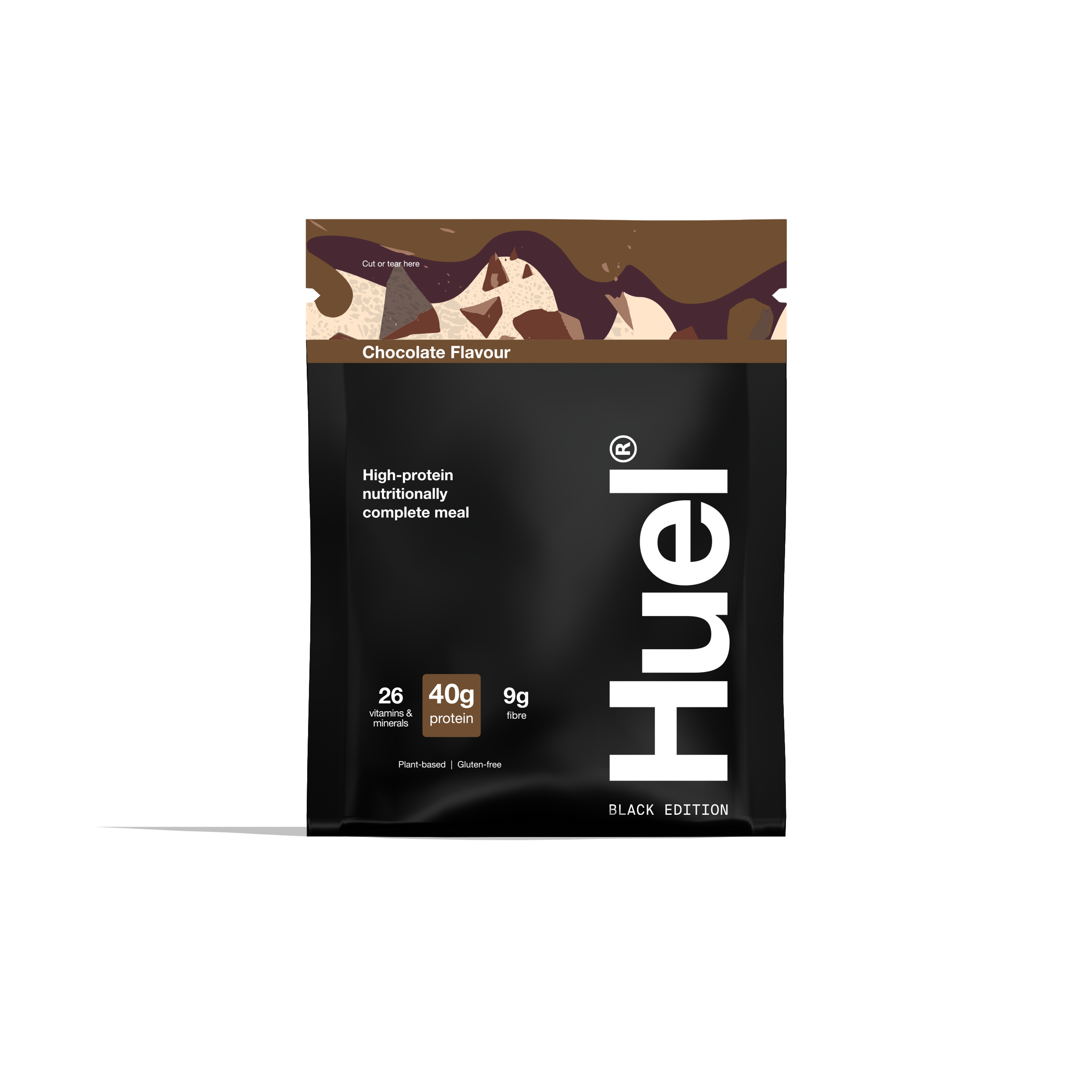 A single sachet of Huel Black edition in chocolate flavour with various nutritional callouts
