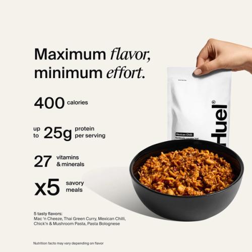 A bowl of Huel hot & savour meal pack with a bag behind and nutritional callouts