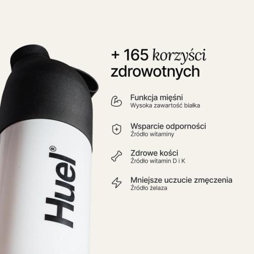 Czarno-biały shaker Huel na neutralnym tle z korzyściami zdrowotnymi wypisanymi obok.