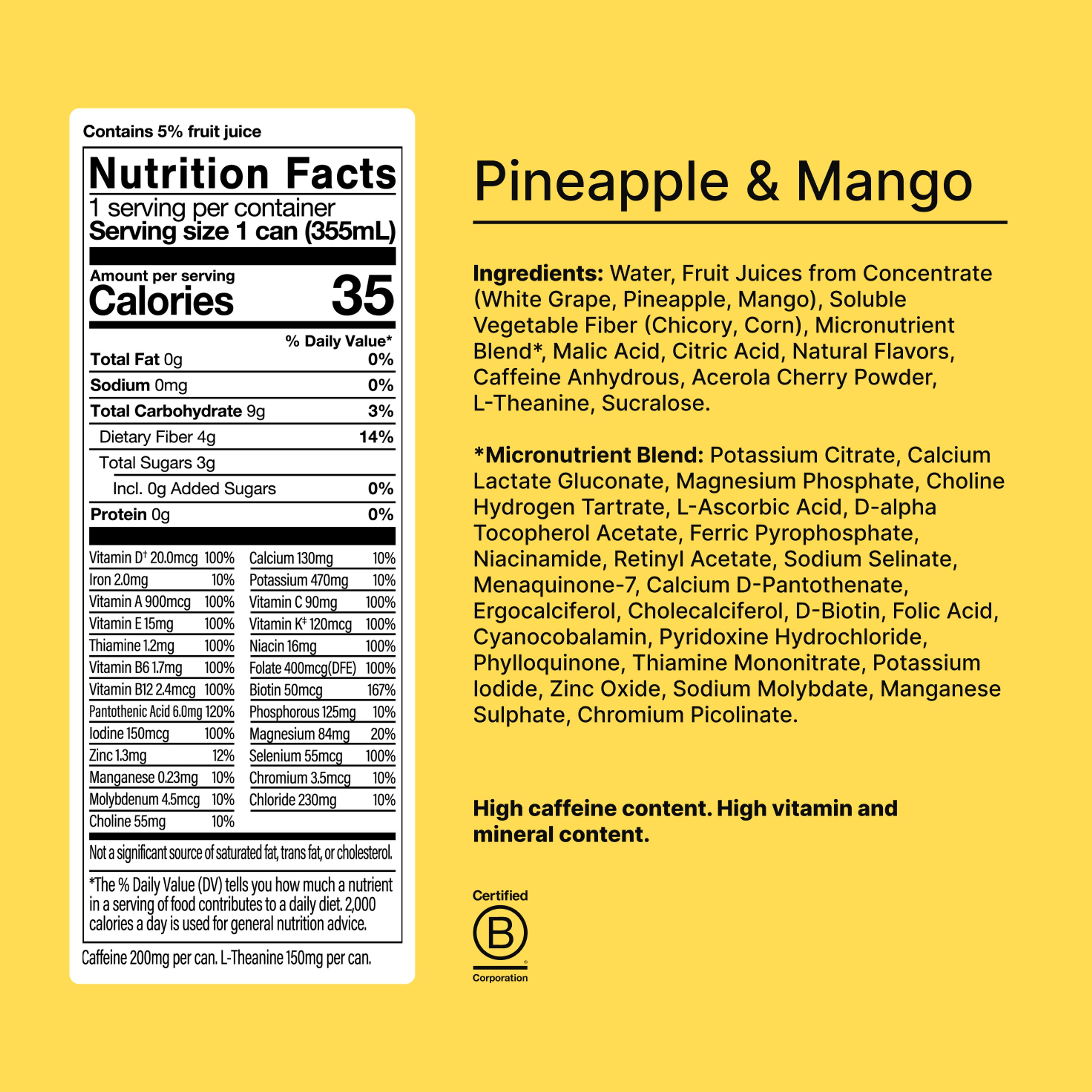 The nutritional information of Pineapple & Mango Daily A-Z Caffeine-free