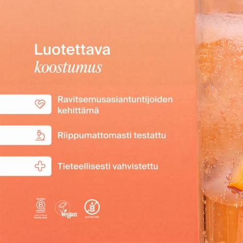 Koostumus, johon voit luottaa. Ravitsemusasiantuntijoiden kehittämä, tarkasti testattu ja tieteeseen perustuva. Mukana sertifioidun B Corp -yrityksen, KLBD:n ja vegaaniseuran logot.