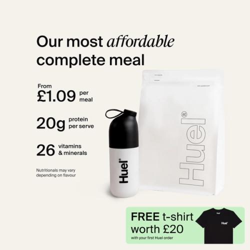 A white pouch of Huel Essential and a Huel shaker on a neutral colour background