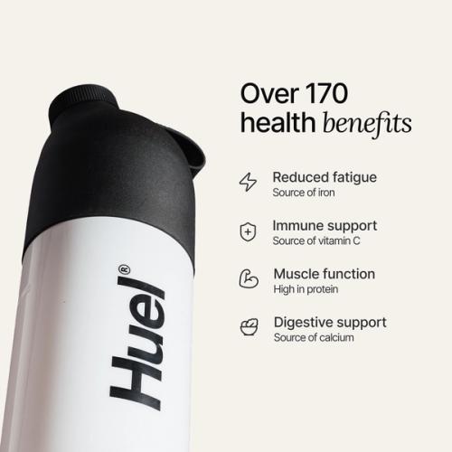 A black and white Huel Shaker set against a neutral background, accompanied by health benefit callouts