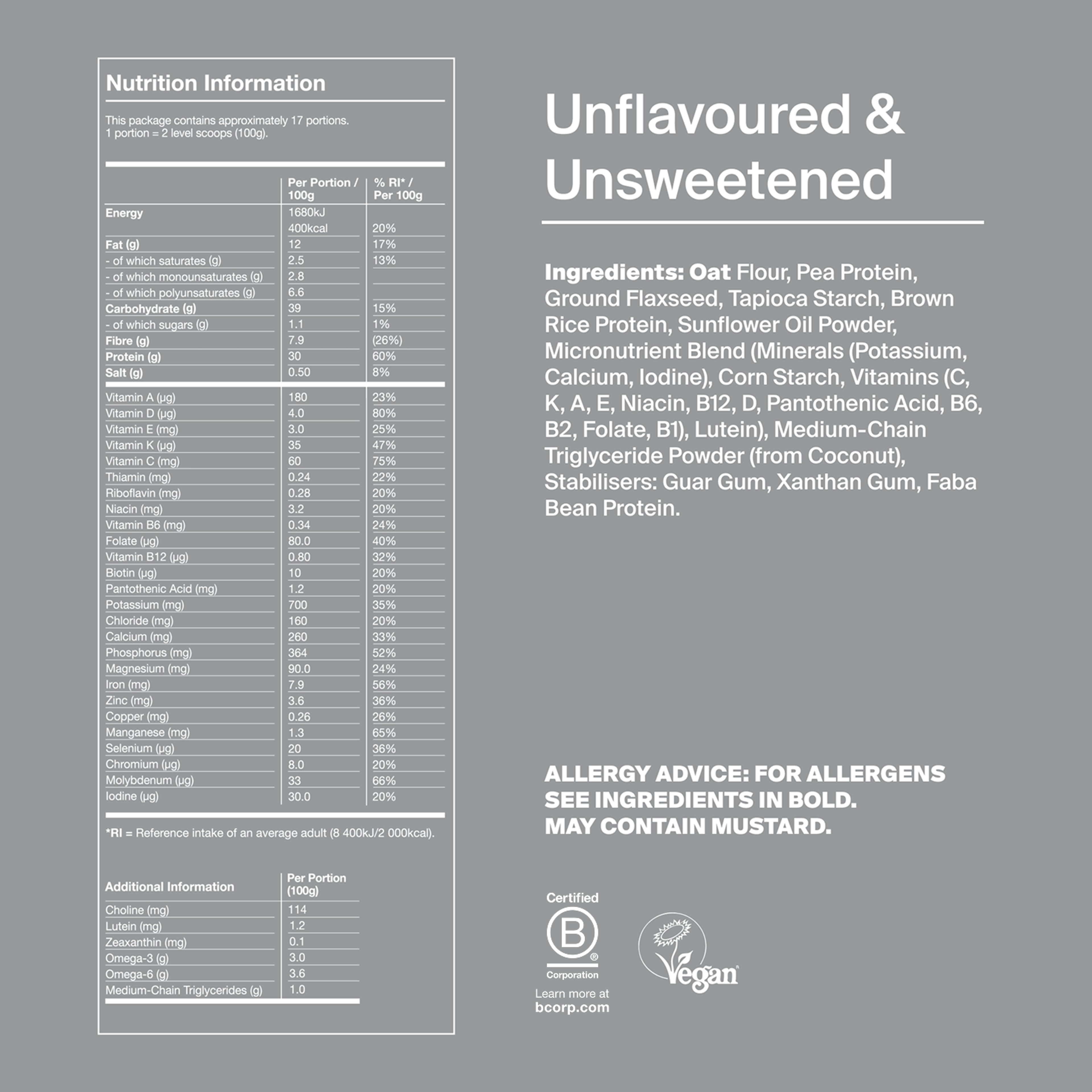 Back of pack nutritional information for Huel Powder