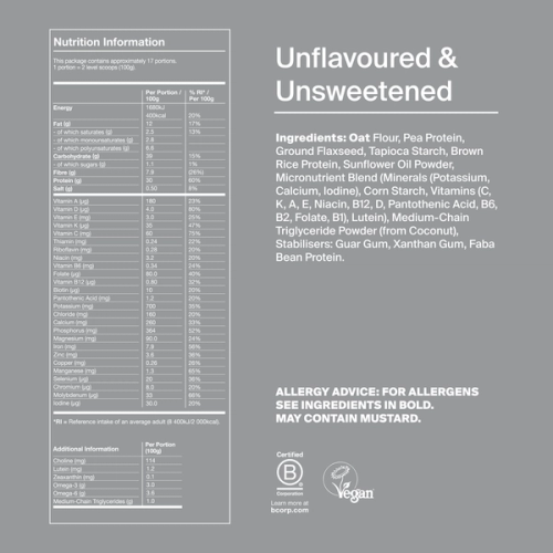 Back of pack nutritional information for Huel Powder