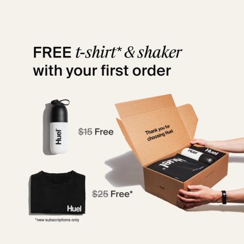 Image of a Huel unboxing, shaker and black t-shirt