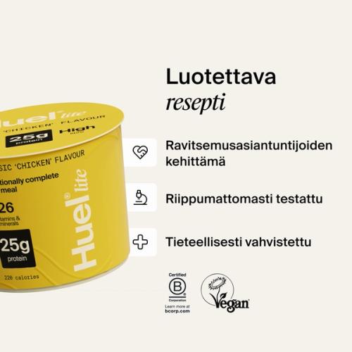 Huel Lite Ramen -astia erilaisten huomiotekstien ja logojen vieressä.