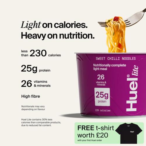 A pot of Huel Lite Ramen with Complete Nutrition callouts
