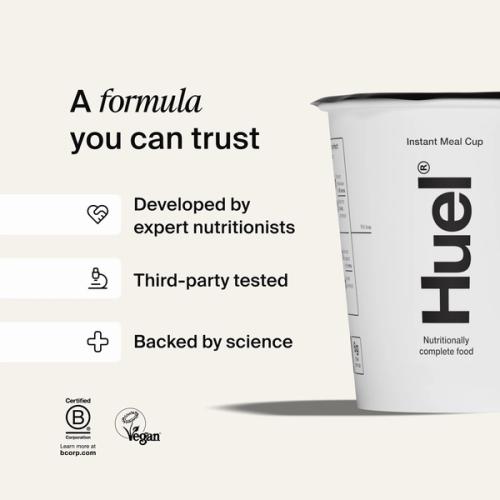 A white Huel pot on an off-white coloured background with callouts explaining Huel's scientific credentials