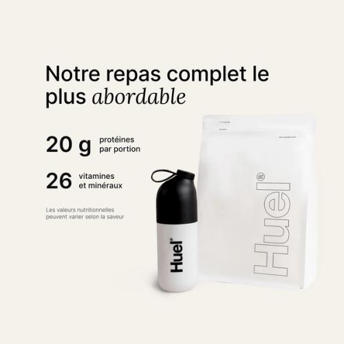 A white pouch of Huel Essential and a Huel shaker on a neutral colour background