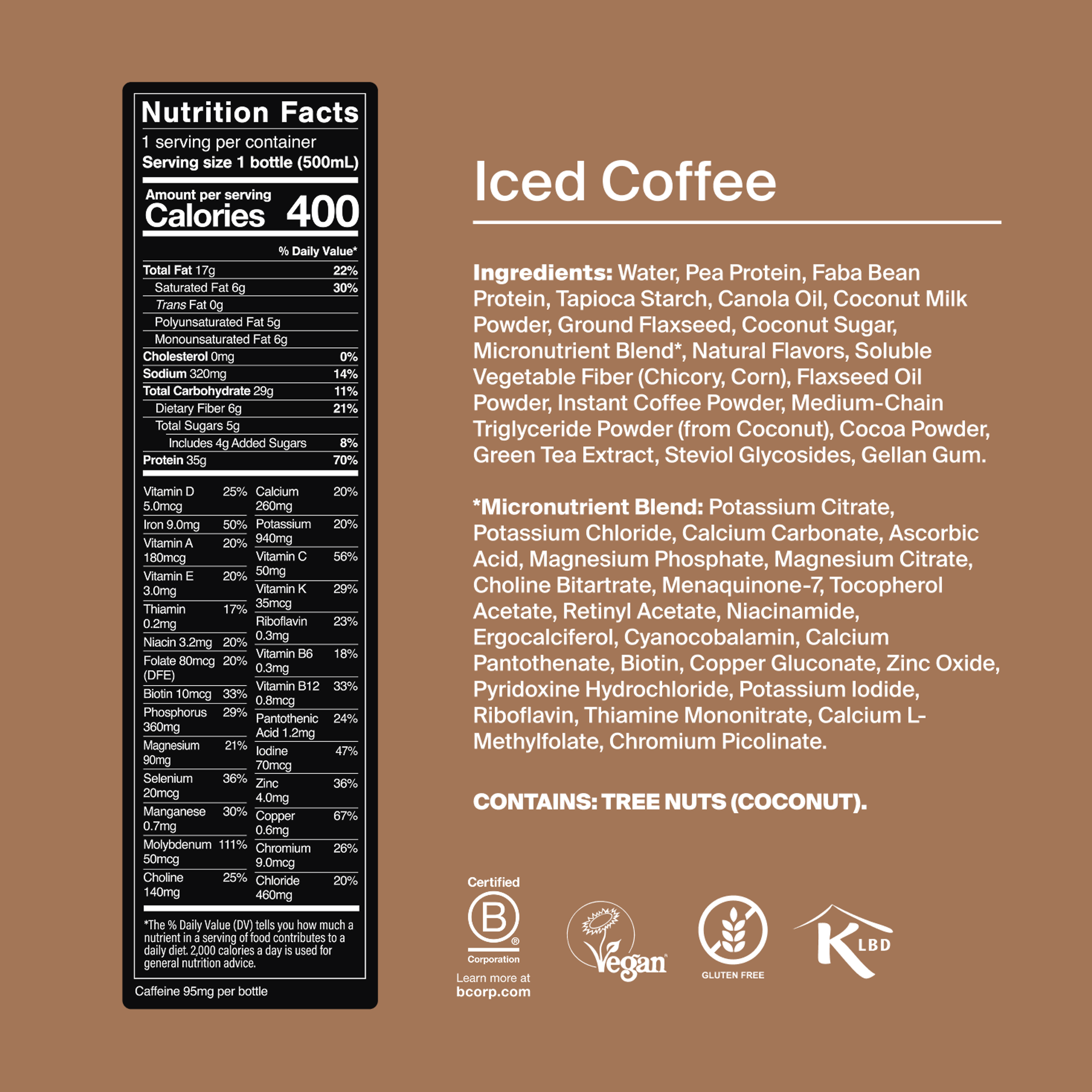 Bottle of Black Edition RTD with back-of-pack nutrition included, and natural ingredient images