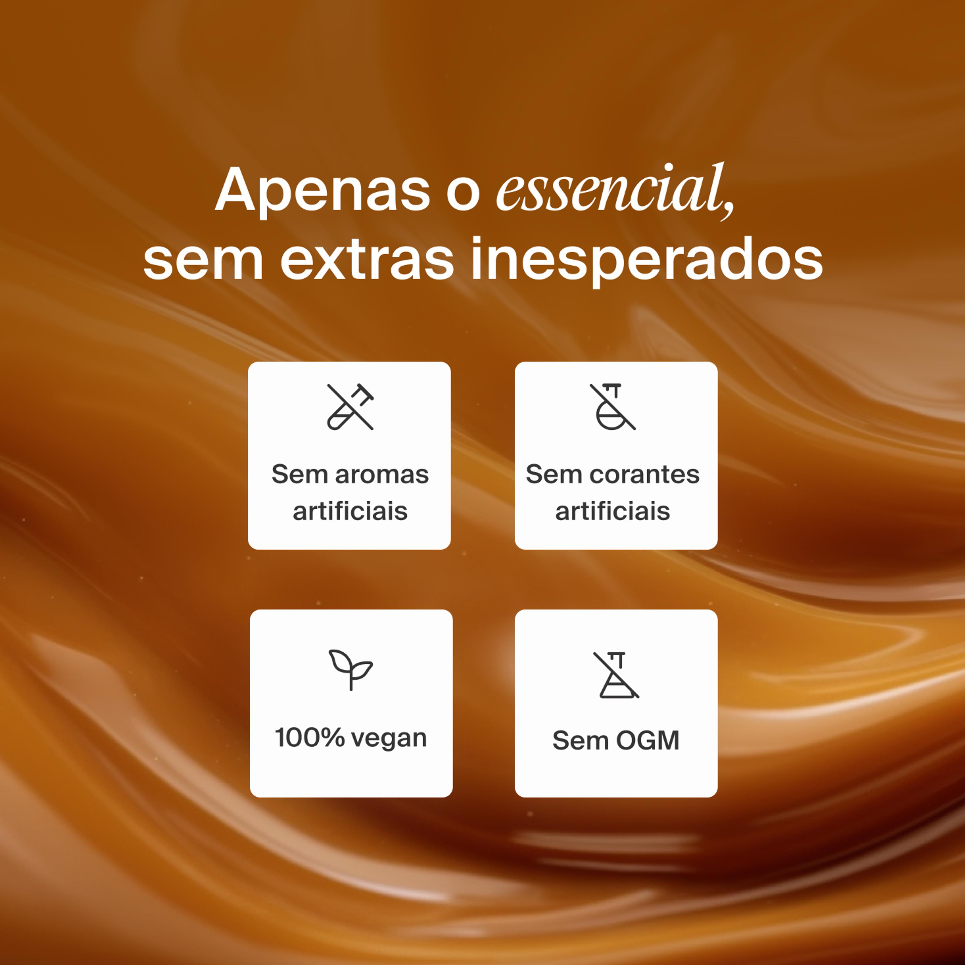 An extreme close-up of swirling caramel with key Huel health benefits overlayed