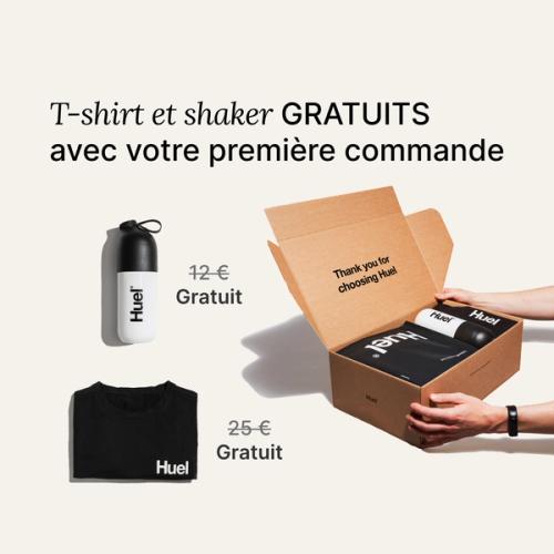 Unboxing a Huel starter kit containing a black Huel t-shirt and a Huel shaker