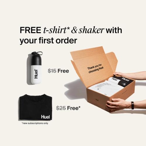 Unboxing a Huel starter kit containing a black Huel t-shirt and a Huel shaker