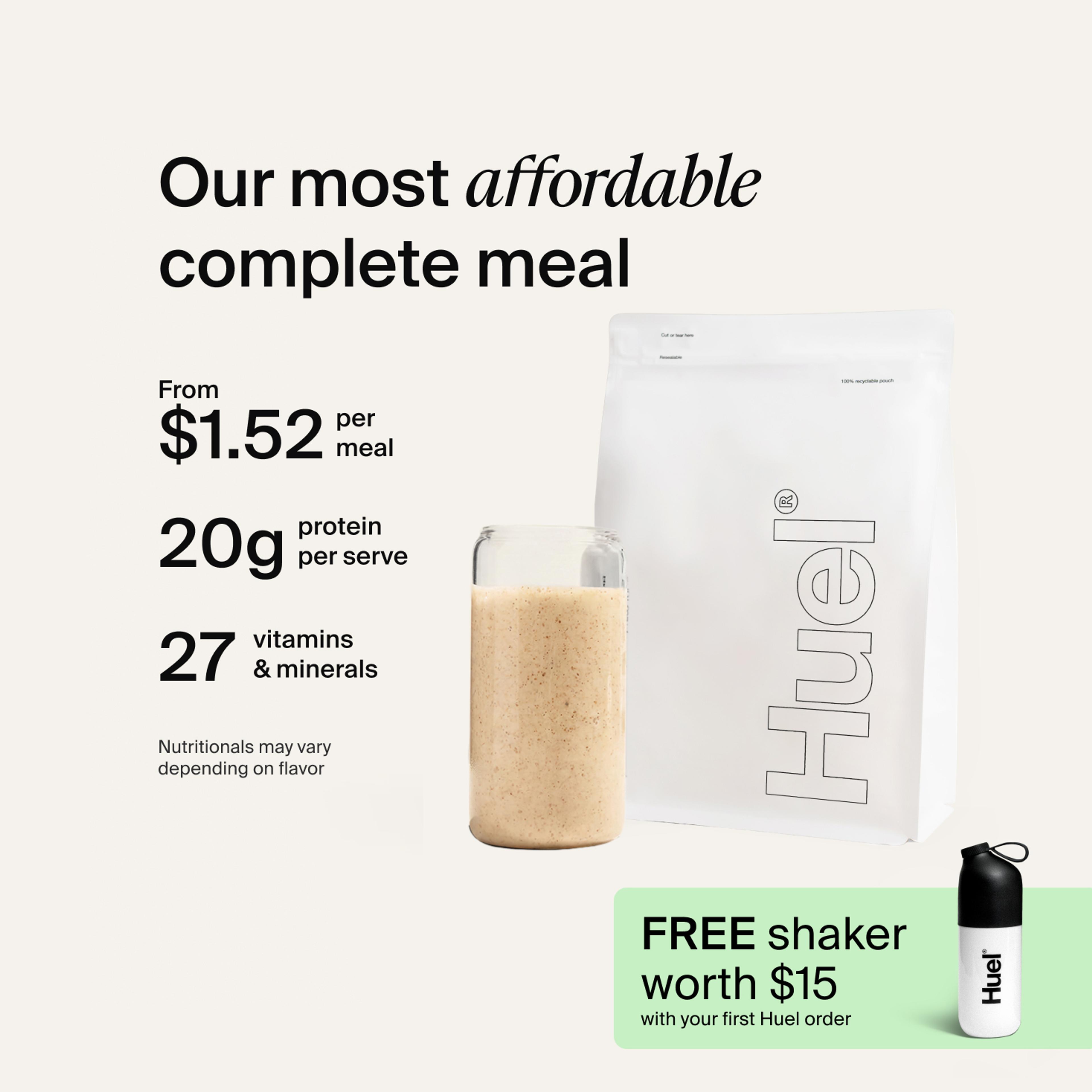 A white pouch of Huel Essential and a Huel shaker on a neutral colour background