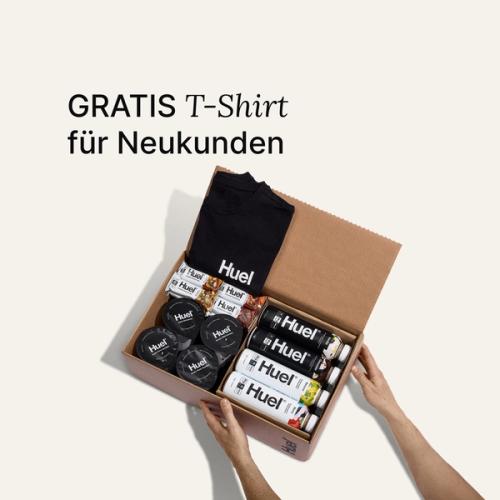 Alle Huel Taster Bundle Produkte neben einem schwarzen Huel T-Shirt und Shaker