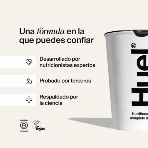 Una maceta blanca de Huel sobre un fondo de color blanquecino con leyendas que explican las credenciales científicas de Huel.
