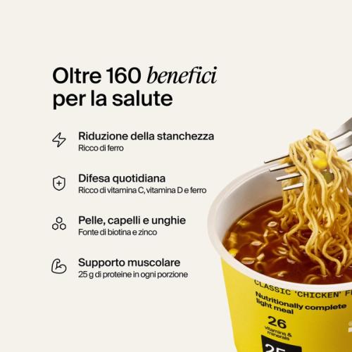 Un contenitore aperto di Huel Lite Ramen su uno sfondo di colore neutro con i benefici elencati