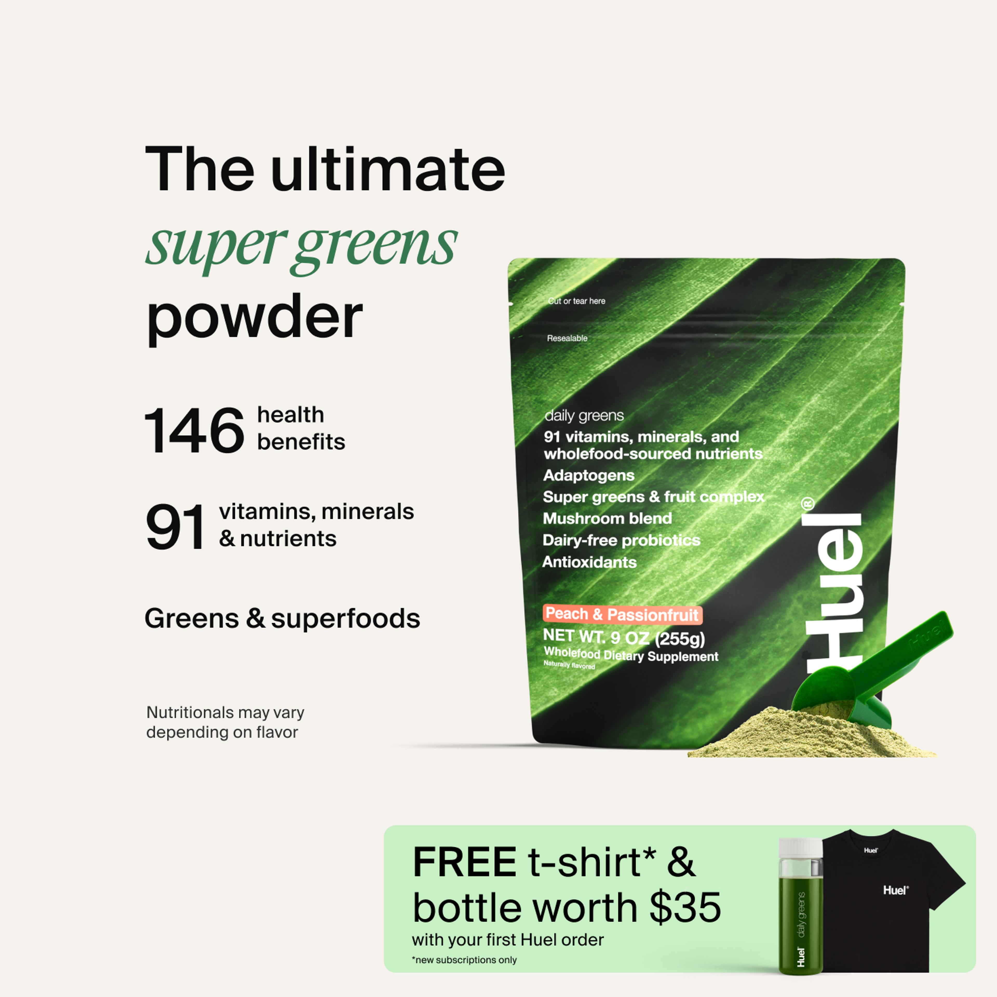 A picture of a Daily Greens bottle with nutrition callouts