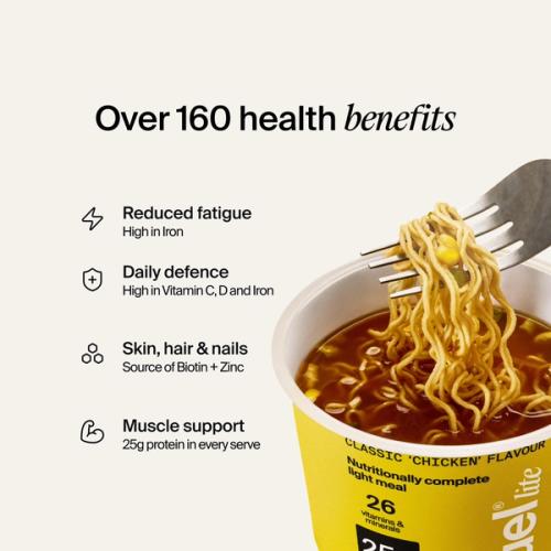 An open pot of Huel Lite Ramen on a neutral colour background with benefits listed
