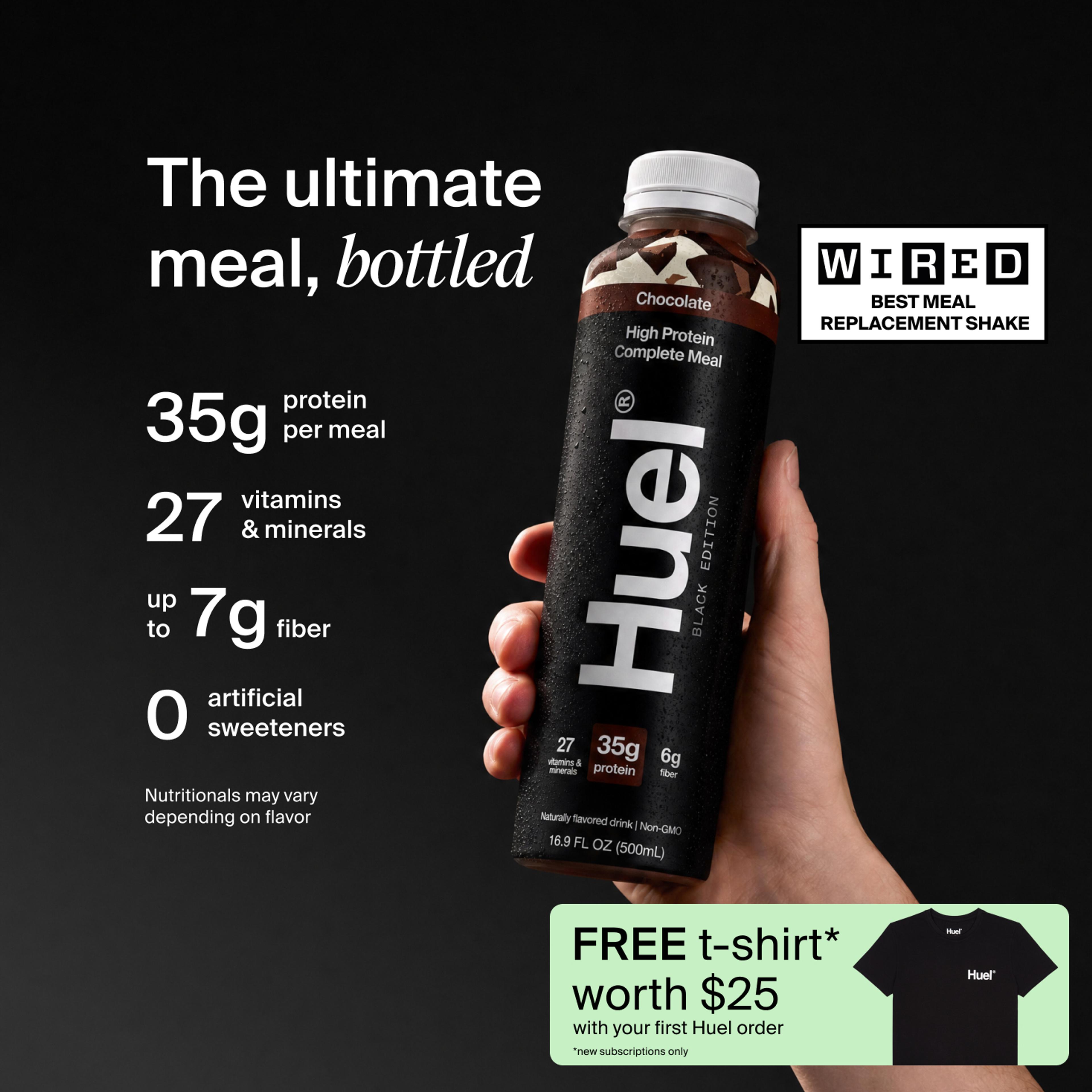 Huel Black Edition Ready-to-drink bottle held in hand, alongside text highlighting 35g protein, 26 vitamins and minerals, up to 7g fibre, and no artificial sweeteners.