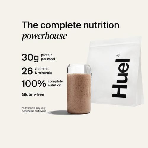 Alt: Huel Powder GF bag with a prepared shake, alongside text highlighting 30g protein per meal, 26 vitamins and minerals, 100% complete nutrition, and that it is gluten-free.