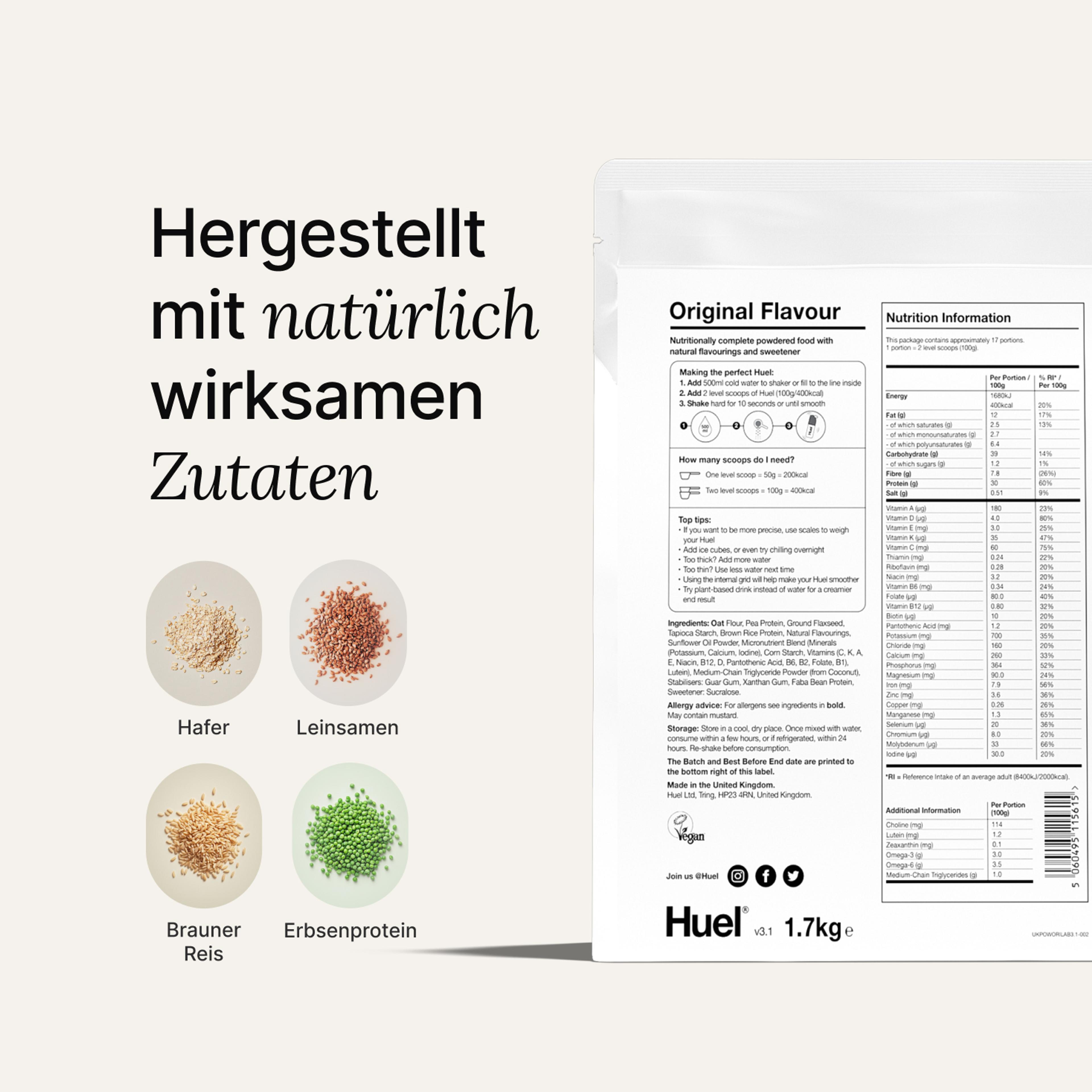Back of pack nutritional information for Huel Powder