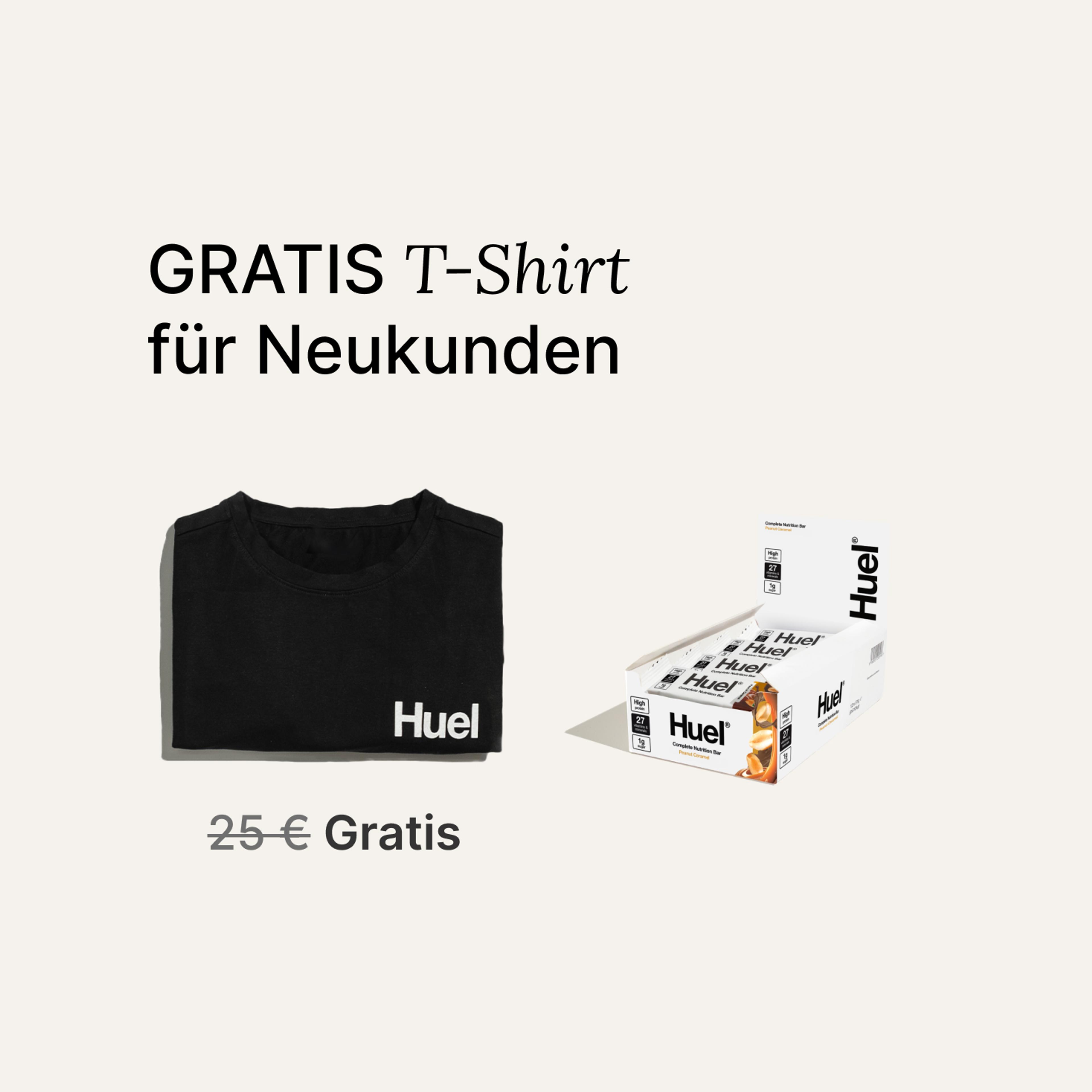 A box of Huel complete nutrition bars on a neutral background next to a black Huel t-shirt