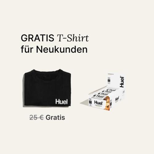 A box of Huel complete nutrition bars on a neutral background next to a black Huel t-shirt