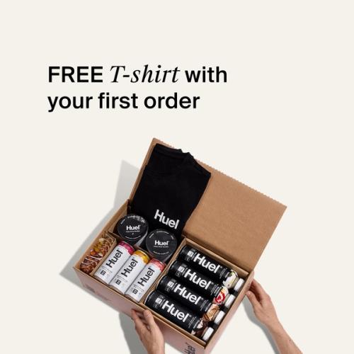 All the Huel Taster Bundle products next to a Black Huel T-shirt and shaker