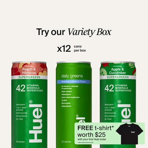 Can of Huel Daily Greens sparkling supergreens drink in Apple & Cucumber, with 42 vitamins, minerals and superfoods, supergreens and adaptogens, no artificial flavors, colors or sweeteners, and 4g fiber in every can