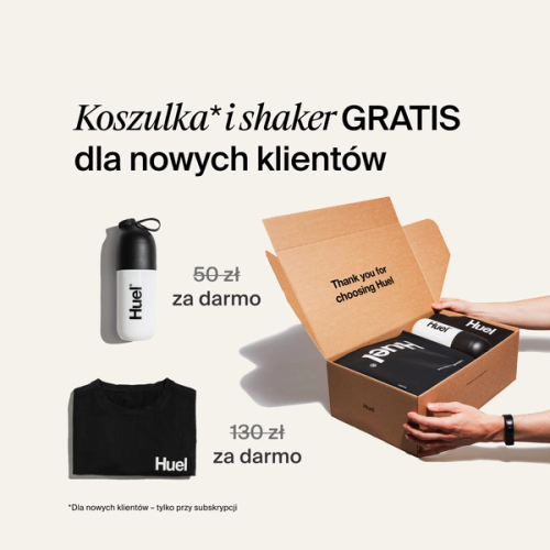Zdjęcie przedstawiający unboxing Huela: shaker i czarną koszulkę