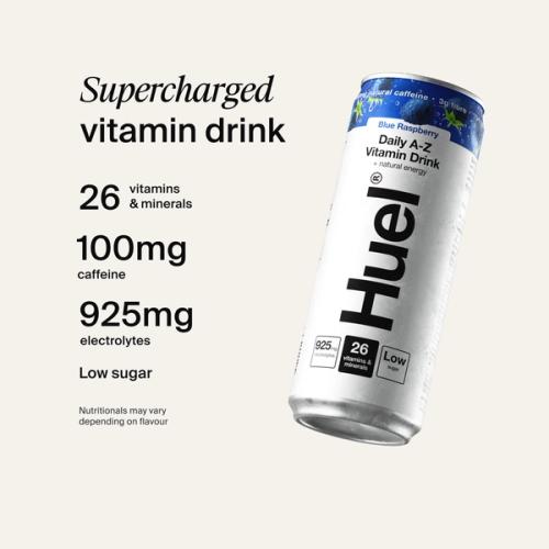 Alt, caffeinated flavours: Huel Daily A-Z Vitamin Drink can, alongside text highlighting 26 vitamins and minerals, 100mg caffeine, 925mg electrolytes, and low sugar.
